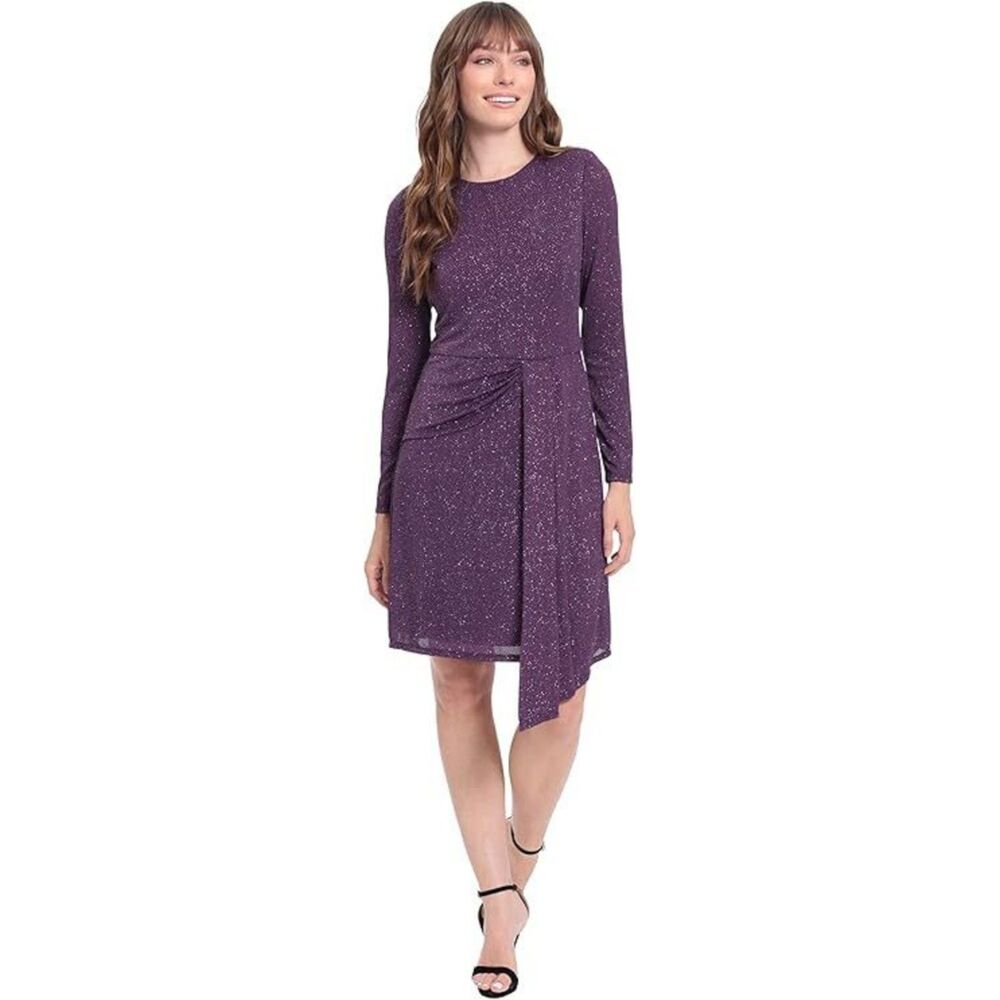London Times Women's Long Sleeve Side Drape Dress, Deep Wisteria, 10